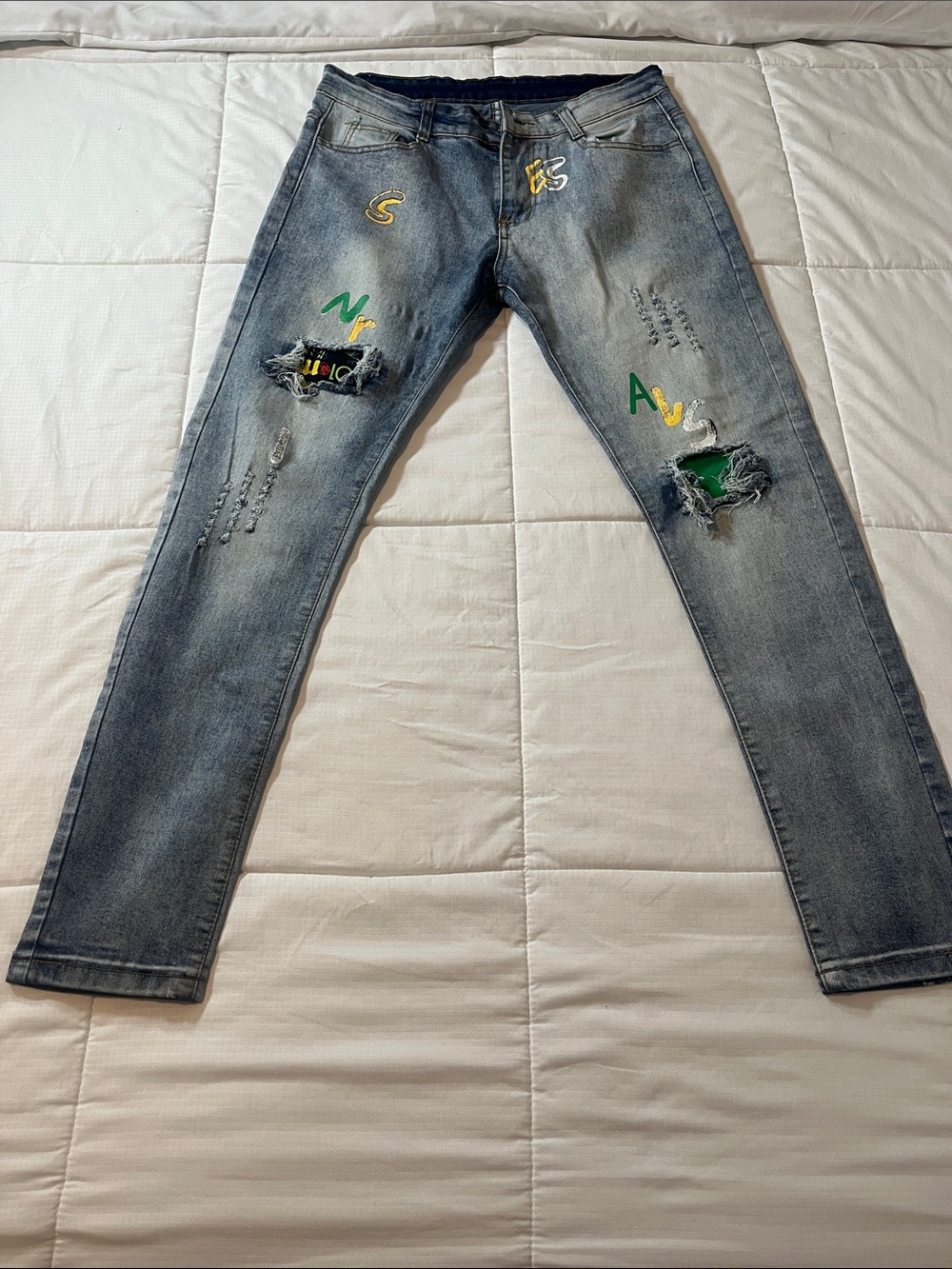 Light Wash Men's Bootcut Jeans with Green and Yellow Patchwork